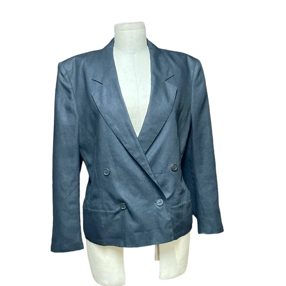 MaxMara Black Double Breasted Linen Blazer Size US 6